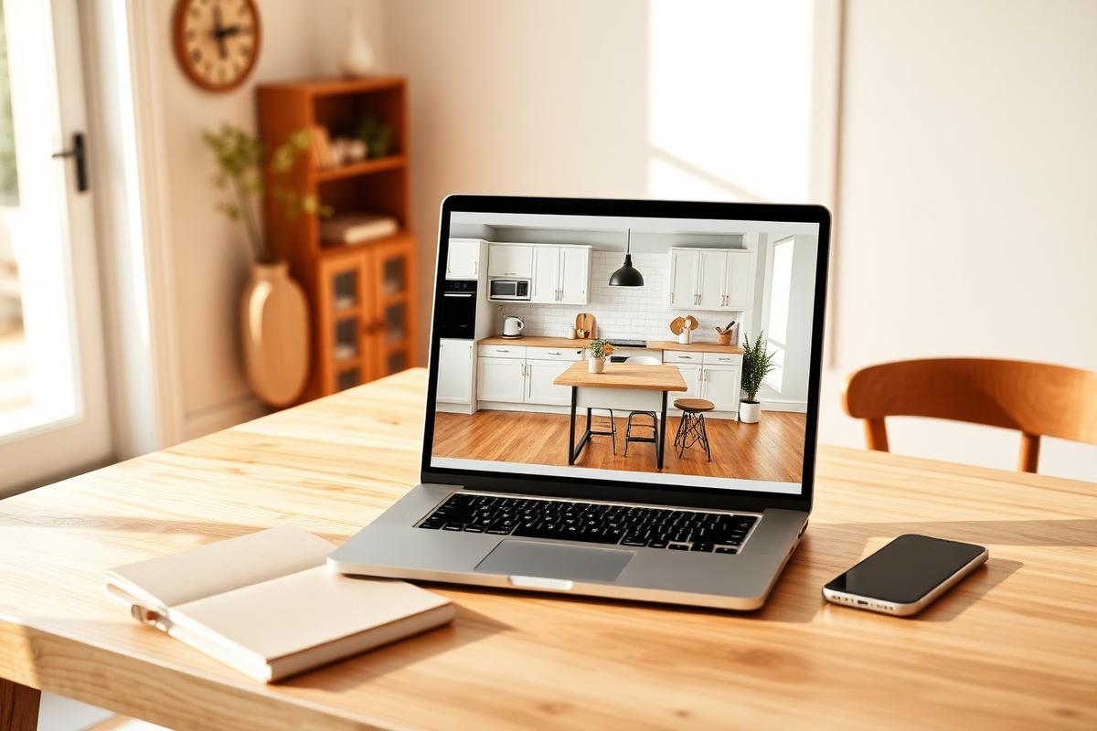 Laptop på ett bord som visar en AI-visualisering av ett renoverat kök, med anteckningsbok och telefon intill.