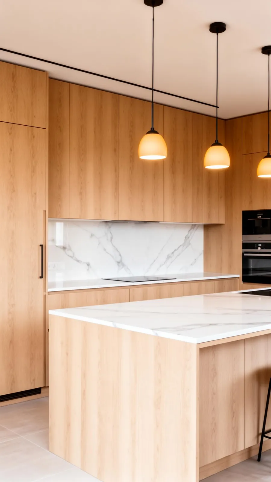 Kök designat online med AI – ljusa luckor, stenbänkskiva och svarta detaljer