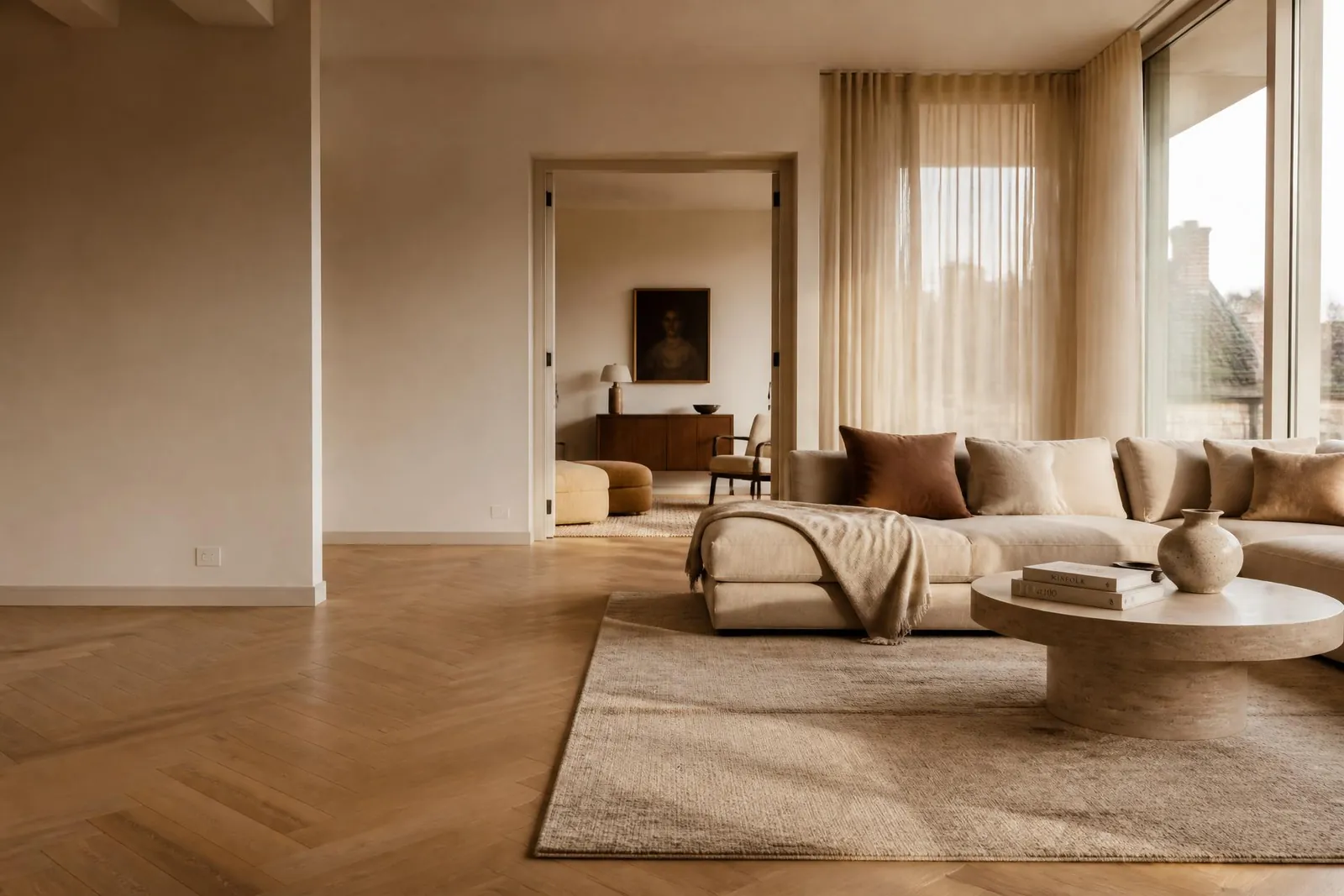 Ljust skandinaviskt vardagsrum med beige soffa och naturligt dagsljus